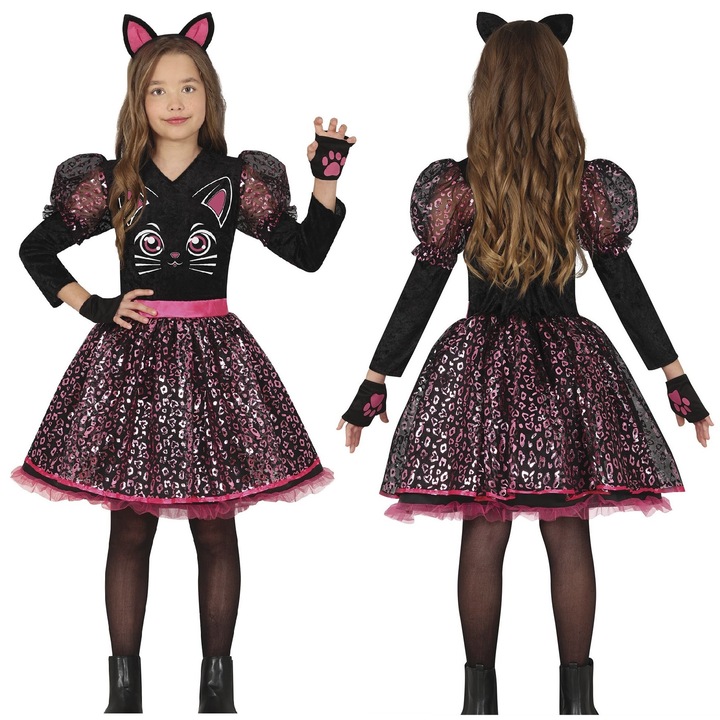 Costum de carnaval Fiestas Guirca, rochie neagra de pisica, 5-6 ani, set cu curea si manusi, dimensiuni 110x116cm