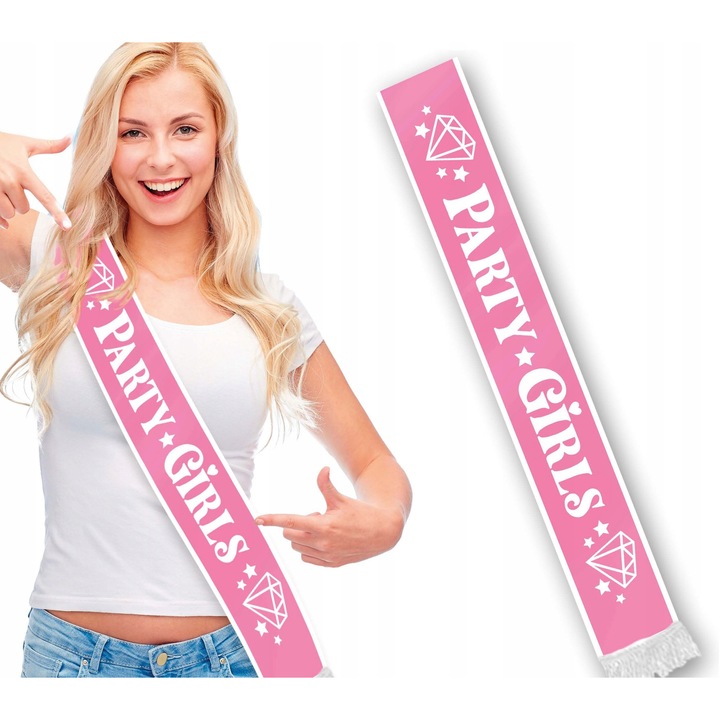 Esarfa pentru petrecere PARTY GIRLS, Guirca, cu diamante, roz/alb