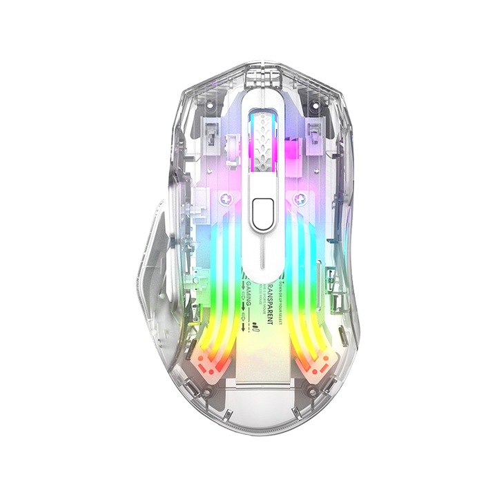 Vezeték nélküli gamer egér, Bluetooth 5.0, RGB világítás, 2, 4 GHz, 5 DPI beállítás, gyors válaszidő, alacsony késleltetés, USB port, 650mAh, ergonomikus, plug and play, átlátszó fehér