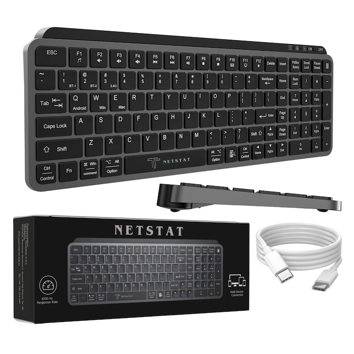 Клавиатура NETSTAT®, Безжична, Bluetooth, 3 Устройства, Безжична, 105 Клавиша Full-Size, NumPad, Тиха Scissor-Foot, Anti-Ghosting, 1000Hz, Ултра-тънка 16мм, Преносима, USB Type-C, Презареждаема 400mAh, macOS, Windows, Android, Черна