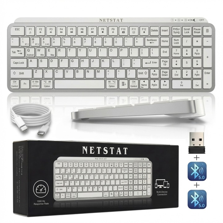 NETSTAT® vezeték nélküli Bluetooth gaming és irodai billentyűzet, QWERTY US angol kiosztás, Multi-Device 3, 105 gomb numerikus blokkal, csendes ollós gombok, ultravékony hordozható, USB-C újratölthető, Windows/macOS/Android laptop/PC/táblagép, fehér