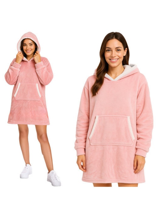 Hanorac Oversized Ruhhy, marime universala, material poliester moale si placut, Gluga supradimensionata, calduros si gros, tip patura, culoare Roz