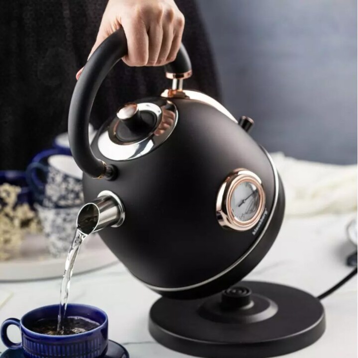 Teáskanna, elektromos vízforraló hőmérővel, rozsdamentes acél, fekete/rózsaarany 1,8 l, 1850-2200 W, Klausberg