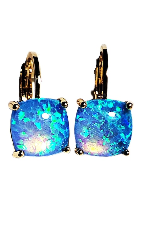 Cercei dama cu Opal Albastru de sinteza cu incandescente multicolore si suport din aliaj argintiu, Albastru, 1.5 cm