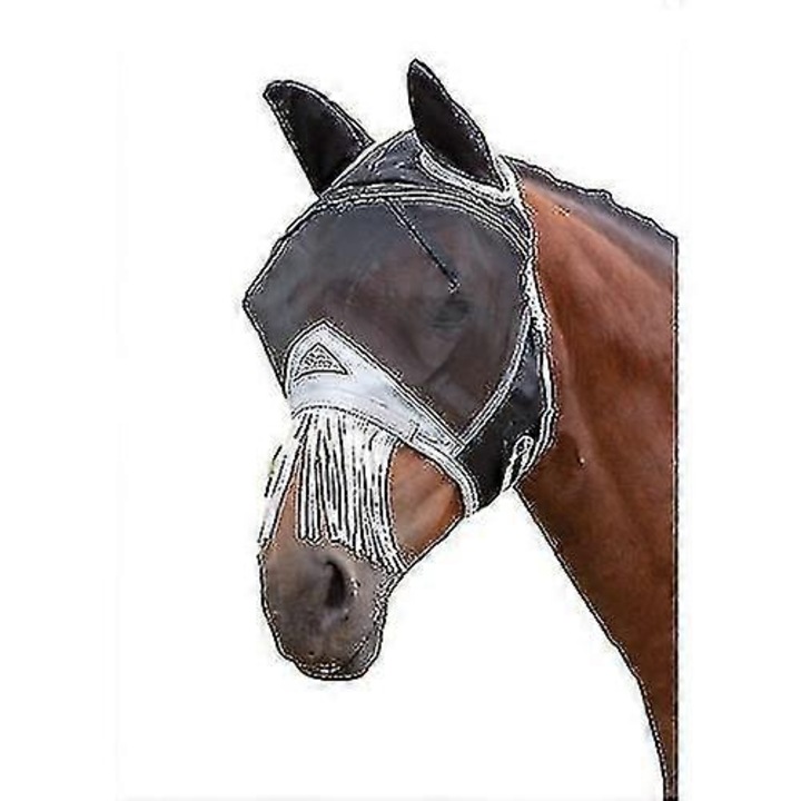 Masca de protectie pentru cai Shires Fine Mesh cu urechi si franjuri, neagra, dimensiune completa