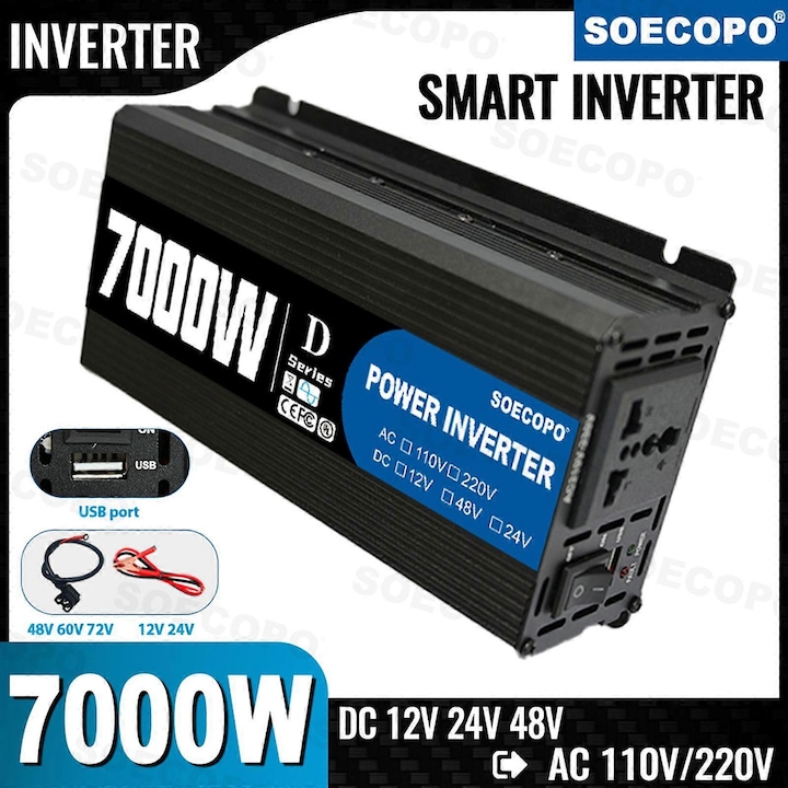Инвертор за кола SOECOPO SEP-D7000, 7000W, 12V/24V/48V към 110V/220V, USB порт, размери 19x10x5.5cm
