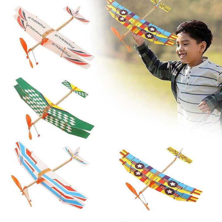 Set 4 avioane biplan cu propulsie prin elastic, material ecologic, 50x43cm, multicolor