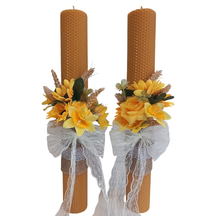 Set 2 lumanari din ceara de albine natur, nunta/botez, Lumanarela, 5x41 cm, decorate cu floarea soarelui, spice de grau, cu panglica din dantela