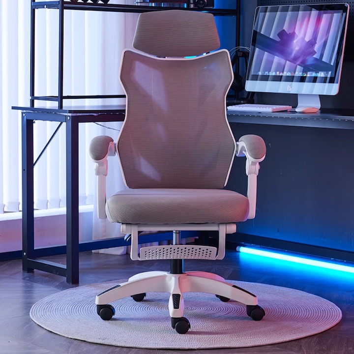 Scaun Ergonomic Premium, Scaun Birou Reglabil cu Tetiera Ajustabila, Suport Picioare Retractabil, Inclinare 90–145° cu Blocare, Spatar Respirabil, Sezut Spuma Densa, Tapiterie Plasa Mesh, Pivotant 360°, Baza PP Stabila, Role Silentioase, Alb/Gri