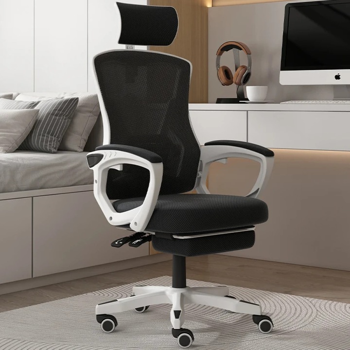 Scaun Ergonomic Premium TOPSCAUNE®, Scaun Birou Reglabil, Suport Lombar, Tetiera Reglabila, Suport Picioare Retractabil, Mecanism Inclinare 90–145°, Pivotant 360°, Tapiterie Mesh Respirabila, Baza PP Stabila, Role PU, Scaun Birou Confort, Alb/Negru