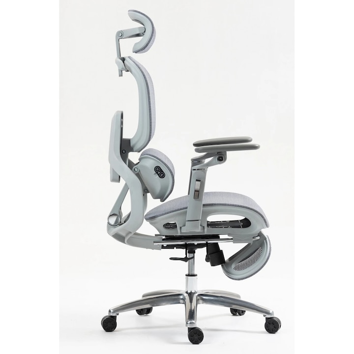 Scaun Ergonomic Premium, Scaun Birou Reglabil cu Spatar Reglare Verticala, Suport Lombar cu Masaj si Incalzire, Sezut Translatie, Cotiere 6D, Tetiera 2D, Recliner 155°, Suport Picioare Retractabil, Pivotant 360°, Tapiterie Mesh Full, Gri