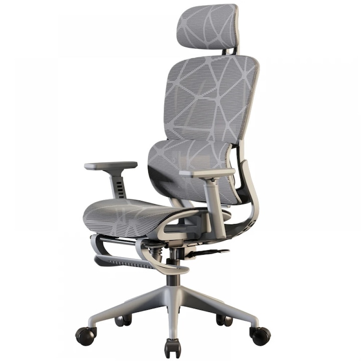 Scaun Ergonomic Premium, Scaun Birou Reglabil cu Sezut Translatie, Cotiere 3D, Tetiera 3D, Suport Lombar 3D Adaptive, Spatar Reglabil, Recliner 145°, Pivotant 360°, Suport Picioare, Tapiterie Mesh Textil, Scaun Ergonomic, Scaun Birou, Gri