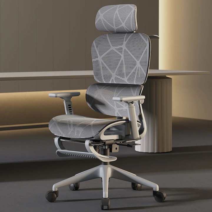Scaun Ergonomic Premium, Scaun Birou Reglabil cu Sezut Translatabil, Tetiera 3D, Cotiere 3D, Suport Lombar Ajustabil, Spatar Reglabil pe Inaltime, Inclinare 135° cu Blocare, Suport Picioare Retractabil, Pivotant 360°, Tapiterie Mesh Respirabila, Gri