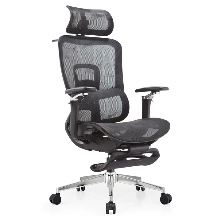 Scaun Ergonomic Premium, Scaun Birou Reglabil, Suport Lombar Adaptiv, Sezut Translatie, Cotiere 3D, Tetiera 3D, Suport Picioare Retractabil, Mecanism Inclinare Blocare 155°, Spatar Full Mesh Plasa Respirabil, Scaun Ergonomic Confort, Scaun Birou, Negru