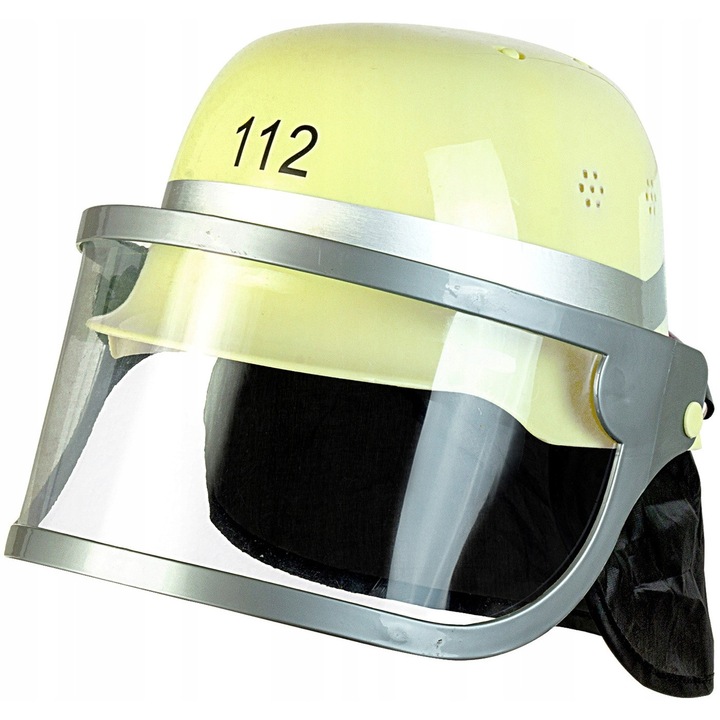 Helm de pompier pentru copii, 112, galben deschis, cu protectie transparenta, set 1 bucata