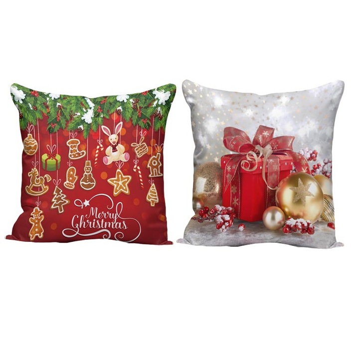 Párnahuzatok, karácsonyi mintás, len, többszínű