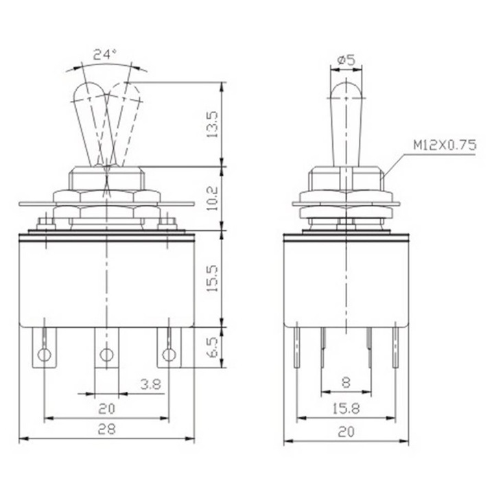 Karos kapcsoló, KN3-3, 6 tűs, 2 állású, Fekete, 250VAC, 3A, 12mm, DPDT