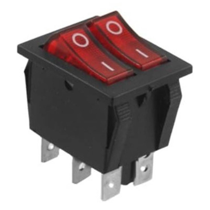 Comutator dublu T120-11, 6 pini, 2x2 poziții, Iluminat, Roșu, 12VDC, 15A, 28x22mm, DPST