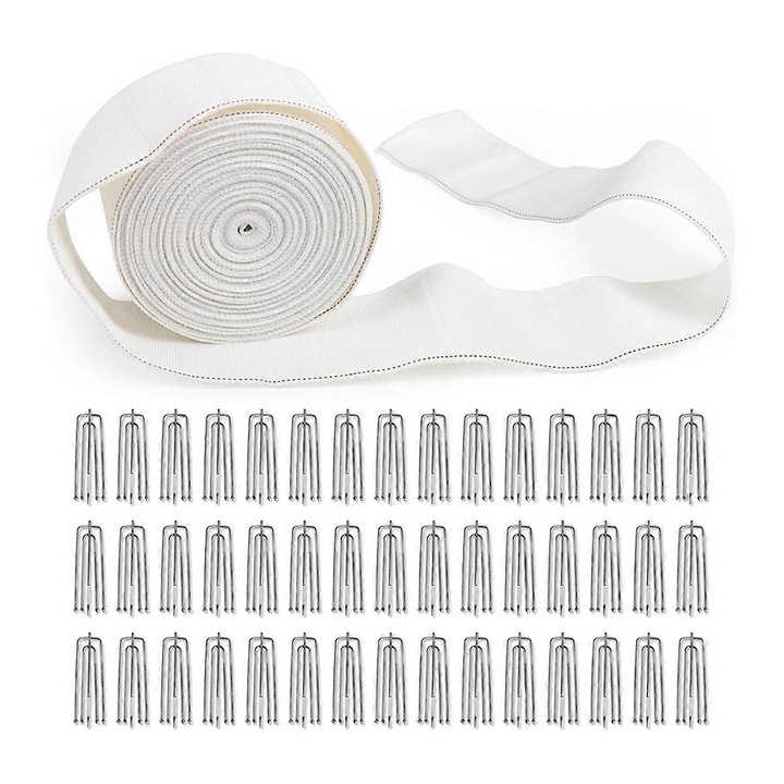 Set benzi plisate pentru perdele, 11 yard, 30 carlige metalice, alb si argintiu