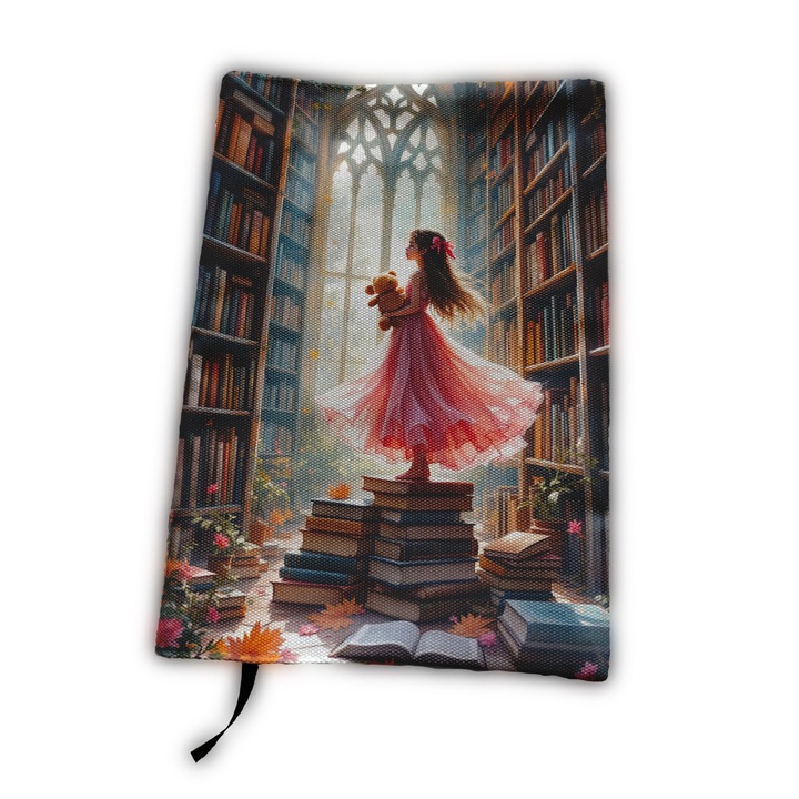 Copertă de carte Fată într-o bibliotecă, Poliester, 24x17cm