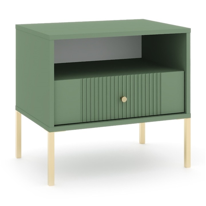 Noptiera Vivaldi, verde fumuriu, 1 sertar, picioare metalice aurii, 54x39x50,5cm