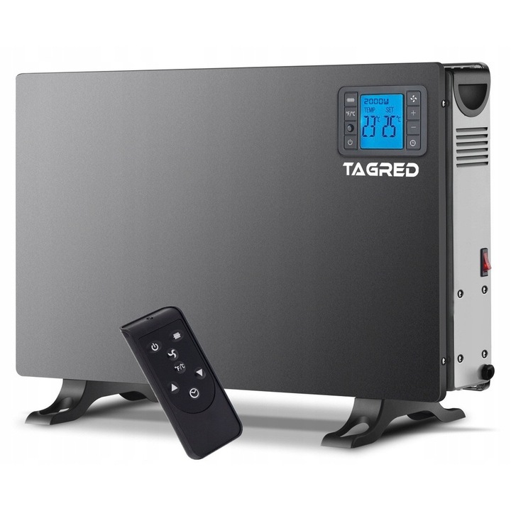 Convector electric TAGRED TA941B 2000W, negru, 3 trepte de putere, cu telecomanda, dimensiuni 37,2x66x14cm