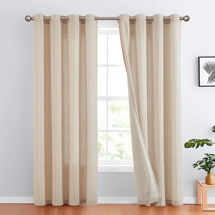 TOPICK függöny 130x245 cm, bézs, csíkos, voál anyag, gyors rögzítés ringlikkel