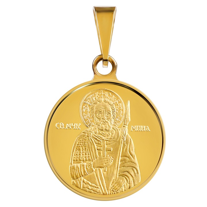 Златен медальон от Macoins Gold Свети Мина, Au 750/1000 (18k) и тегло ~2 гр., 16 мм, 1 мм