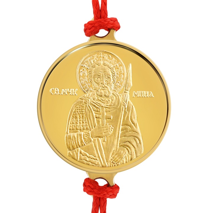 Златна гривна от Macoins Gold Свети Мина с червен конец, Au 750/1000 (18k) и тегло ~2 гр., 16/1 мм
