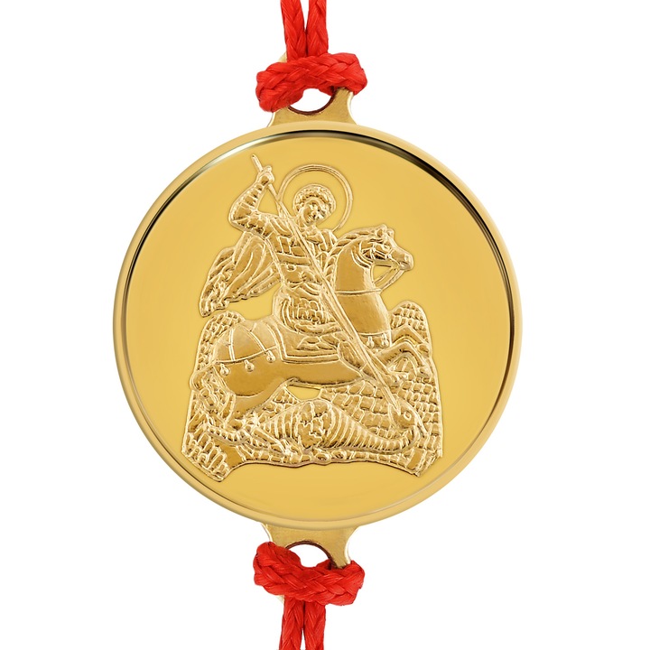 Златна гривна от Macoins Gold Свети Георги с червен конец, Au 750/1000 (18k) и тегло ~2 гр., 16/1 мм