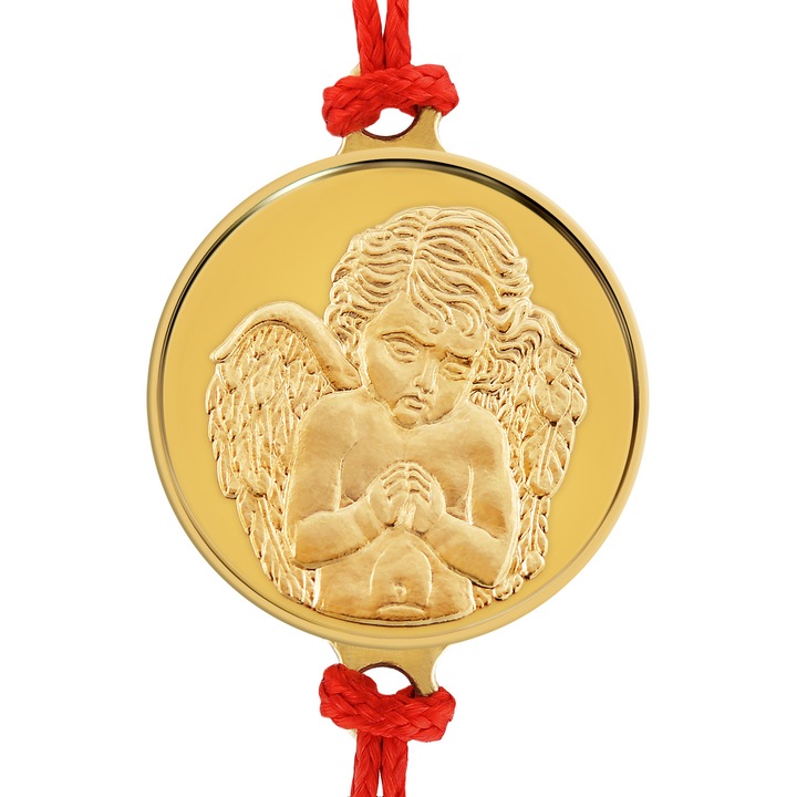 Златна гривна Небесен ангел с червен конец, 18 карата злато, Tегло ~2 гр, Диаметър 16 мм, Дебелина: 1 мм