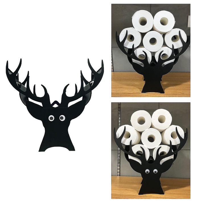 Suport hartie igienica, design cap de cerb, metal negru, pentru baie, capacitate mare