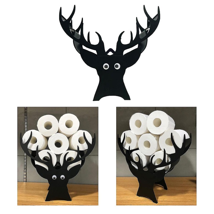 Suport hartie igienica, design cap de cerb, metal negru, pentru baie, capacitate mare