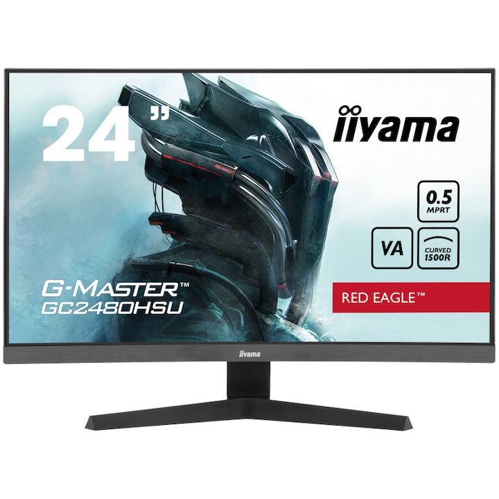Монитор Gaming LED VA iiyama G-Master GC2480HSU-B1, 23.8", Full HD, HDMI, Display Port, HUB USB 2x2.0, 180Hz, Adaptive FreeSync, RED EAGLE CURVED ™, Vesa, Черен