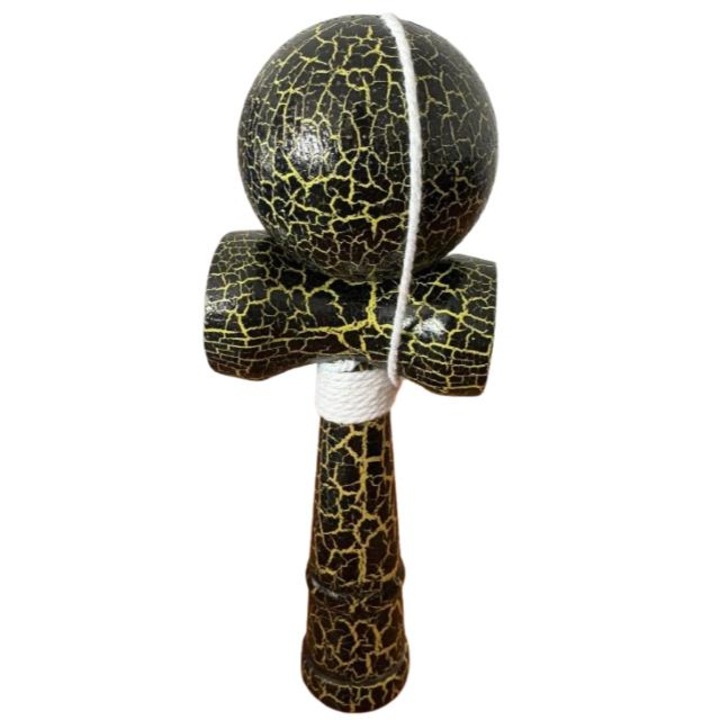 Kendama japoneza, profesionala, cu model 4K, din lemn, negru-galben