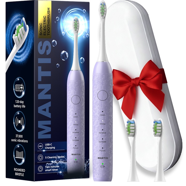 Електрическа четка за зъби Mantis K1 SONIC, 180 дни живот на батерията, 5 режима, 37.100 движения/мин, 3 глави, Кутия за съхранение, Защита на венците, Лилав