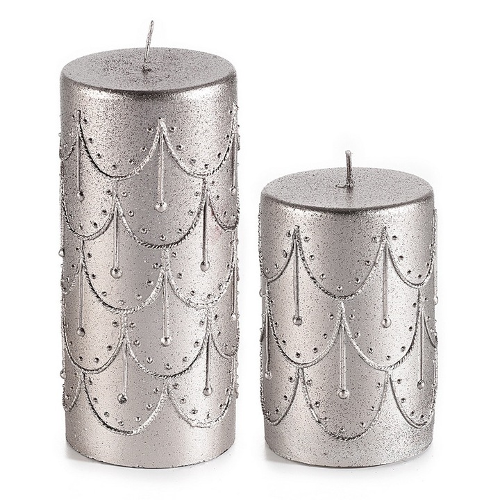 Set 2 lumanari Craciun argintii Ø 7 cm x 15,5 H, Ø 7 x 10,5 H
