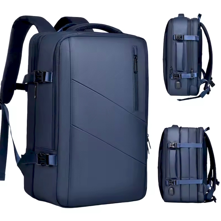 Rucsac Calatorie Avion, EVES®, Acceptat Ryanair & Blue Air, 46x30x14, Laptop Business pana la 18 "4", USB, Impermeabil, Extensibil, Albastru