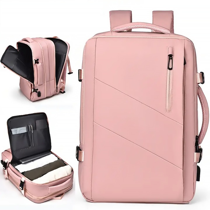 EVES Utazótáska Repülőre, Ryanair & Blue Air által elfogadott, 46x30x14, Üzleti laptop akár 18 "4"-ig, USB, Vízálló, Bővíthető, Rózsaszín