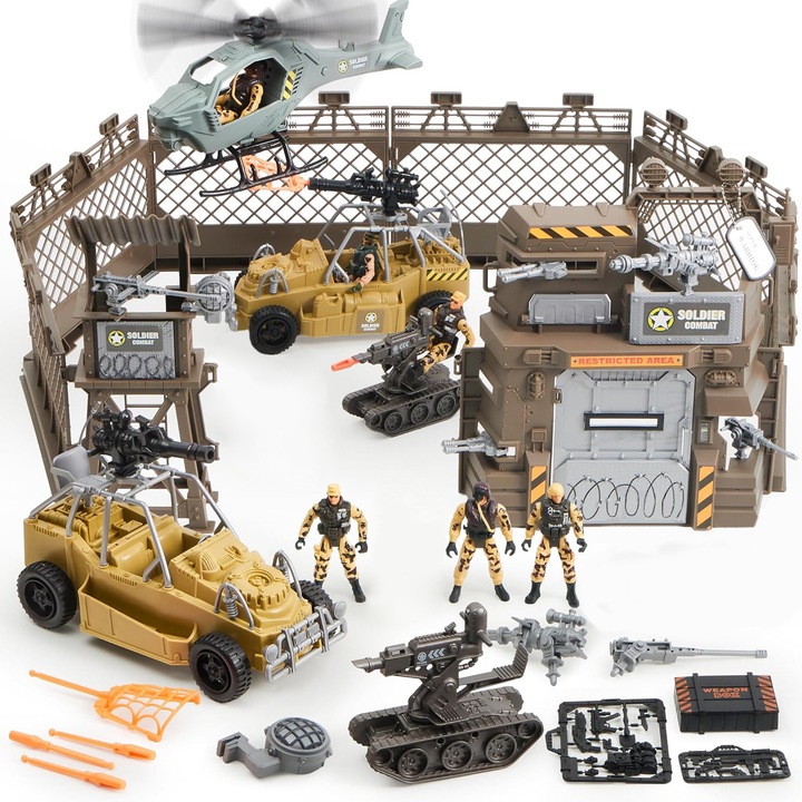 Set Militar de Jucarie Pentru Copii KidProtect® War Max, cu Soldatei de Jucarie, Elicopter Militar Mare Cu Sunete si Lumini, Lansator de Rachete, Fort De Aparare, 3 Soldati, 40 de Piese