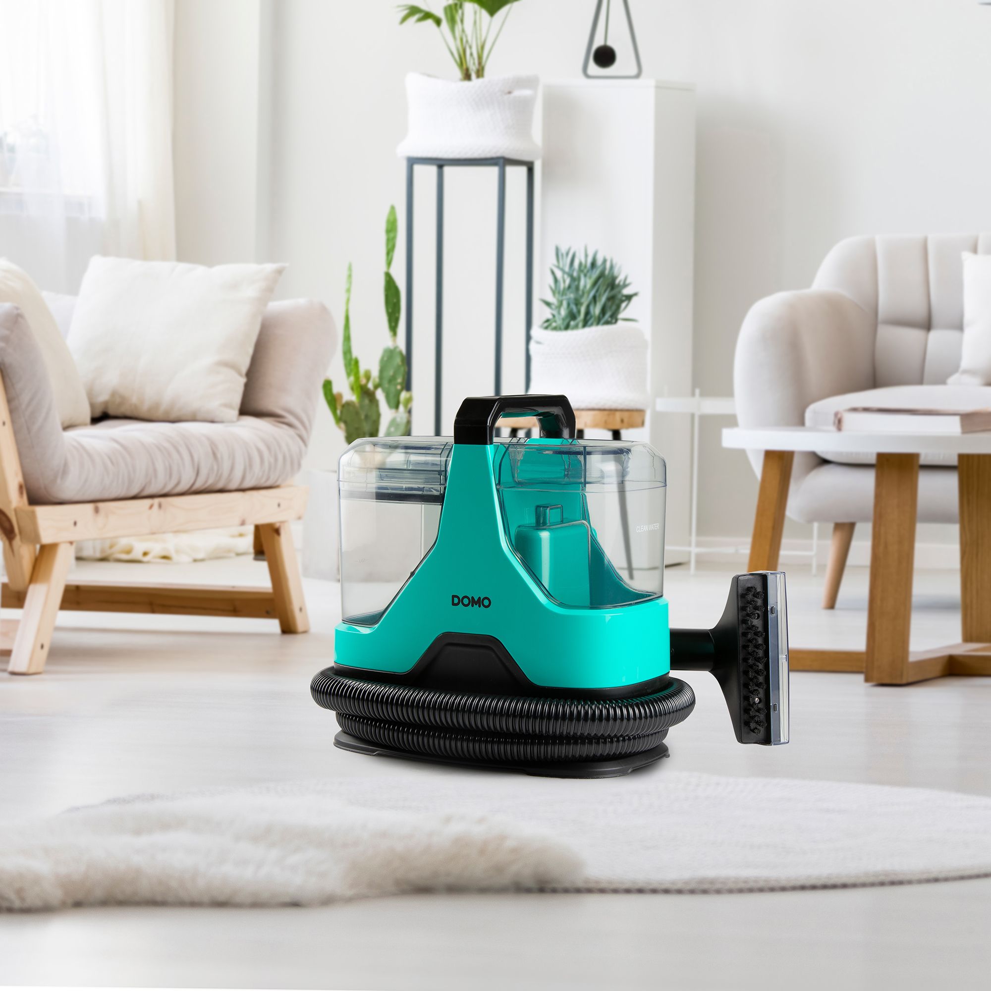 Aparat de curatat cu apa multifunctional DOMO, pentru covoare/tapiterie/canapele/masina, curata eficient petele, functie pulverizare apa, rezervor 1.1 litri, protectie anti-stropi IPX4, usor de folosit si curatat, verde