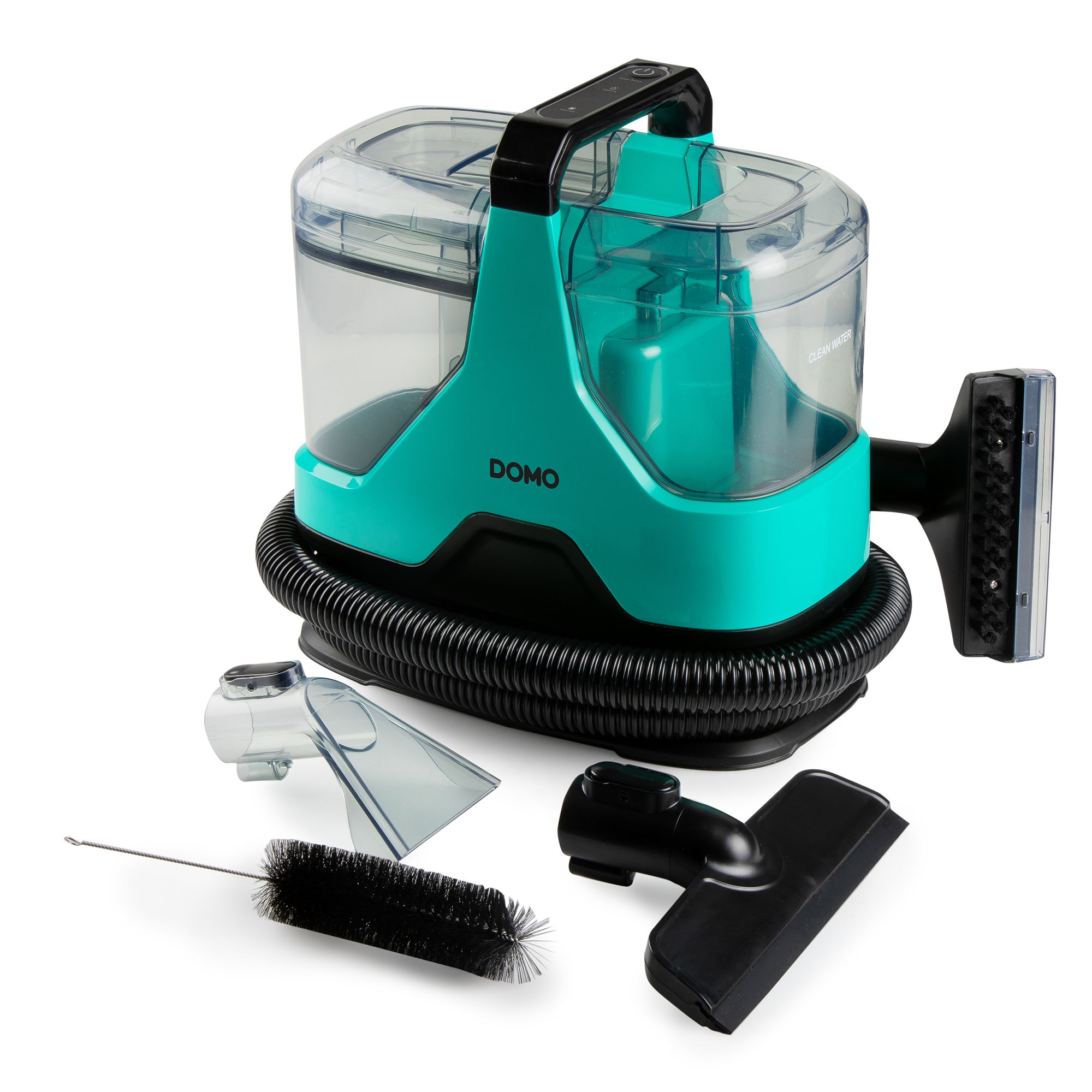 Aparat de curatat cu apa multifunctional DOMO, pentru covoare/tapiterie/canapele/masina, curata eficient petele, functie pulverizare apa, rezervor 1.1 litri, protectie anti-stropi IPX4, usor de folosit si curatat, verde