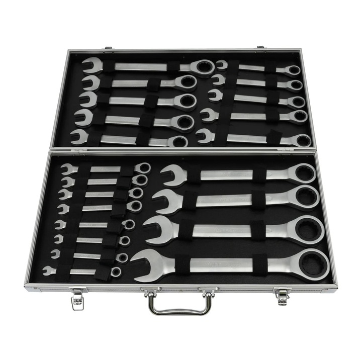 Racsnis kulcskészlet, 22 darabos, 6-32 mm, csúszásmentes, króm-vanádium, ezüst