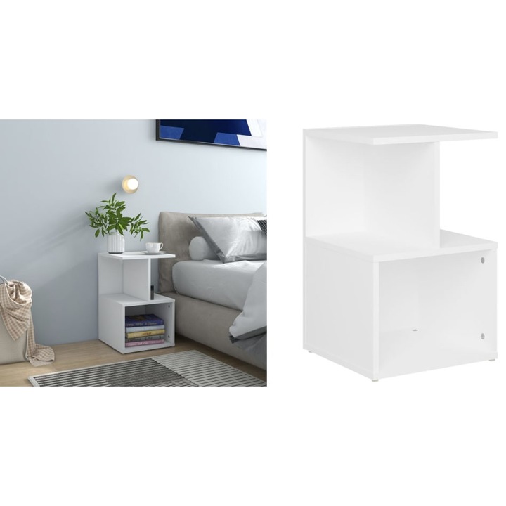 Noptiera alba, 35x35x55cm, PAL, design elegant, compartimente deschise