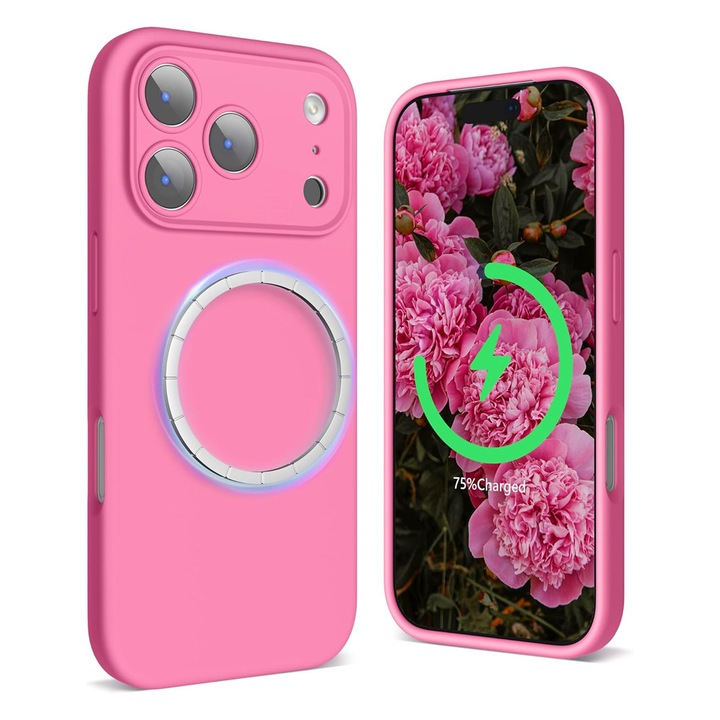 Калъф от силикон с микрофибър съвместим с Apple 17 Pro Max, Ултра тънък, Безжично зареждане, Висококачествен мек материал, Защита от изпускане, Наситено розов