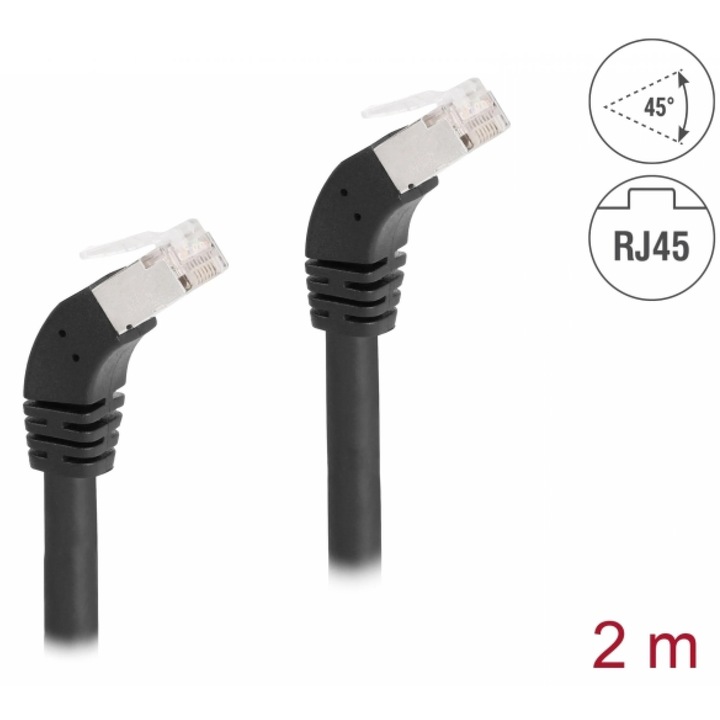 Мрежов кабел RJ45 Cat.6A S/FTP, ъглов надолу/надолу, 45 градуса, 2м, Черен, Delock 80276