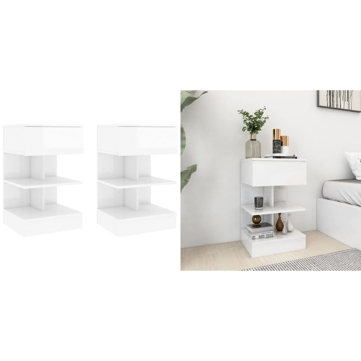 Noptiere, 2 buc., alb extralucios, 40x35x65 cm