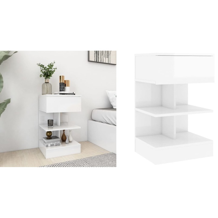 Noptiera, alb extralucios, 40x35x65 cm, PAL