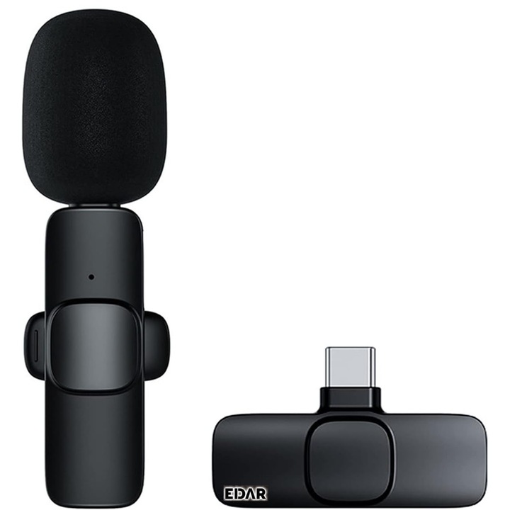 Microfon Lavaliera Wireless EDAR USB-C, Dinamic, Reducere Zgomot, Negru, 2.4GHz