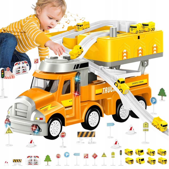 Jucarie masina de pompieri Ydene®, Set cu 8 vehicule si pista, cu Lumina si muzica, cu indicatoare rutiere si covoras, Joc educational transport si constructii Pentru copii, Cadou pentru baieti si fete, Galben